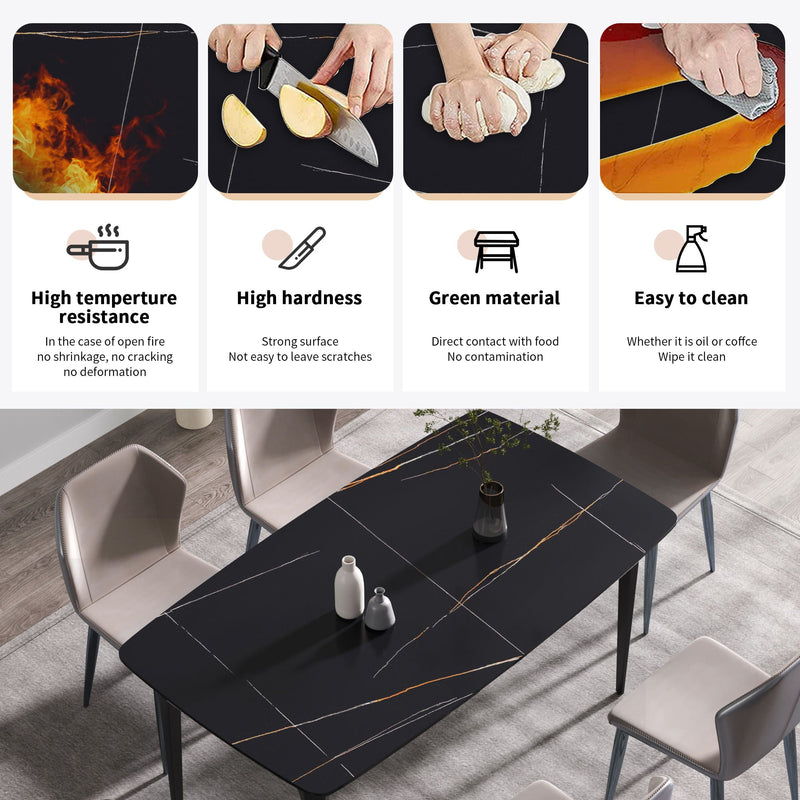 63" Artificial Stone Black Curved Black Metal Leg Dining Table, 6 People - Black by HouseOfZazla