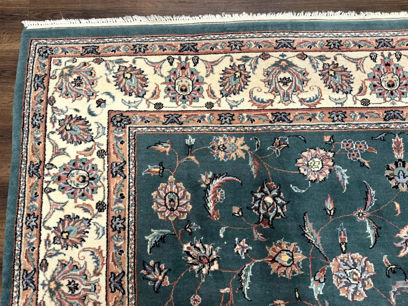 Indo Persian Rug 8x10, Green and Beige Oriental Carpet, Traditional Wool Area Rug, Floral Allover Pattern by Jewel Rugs