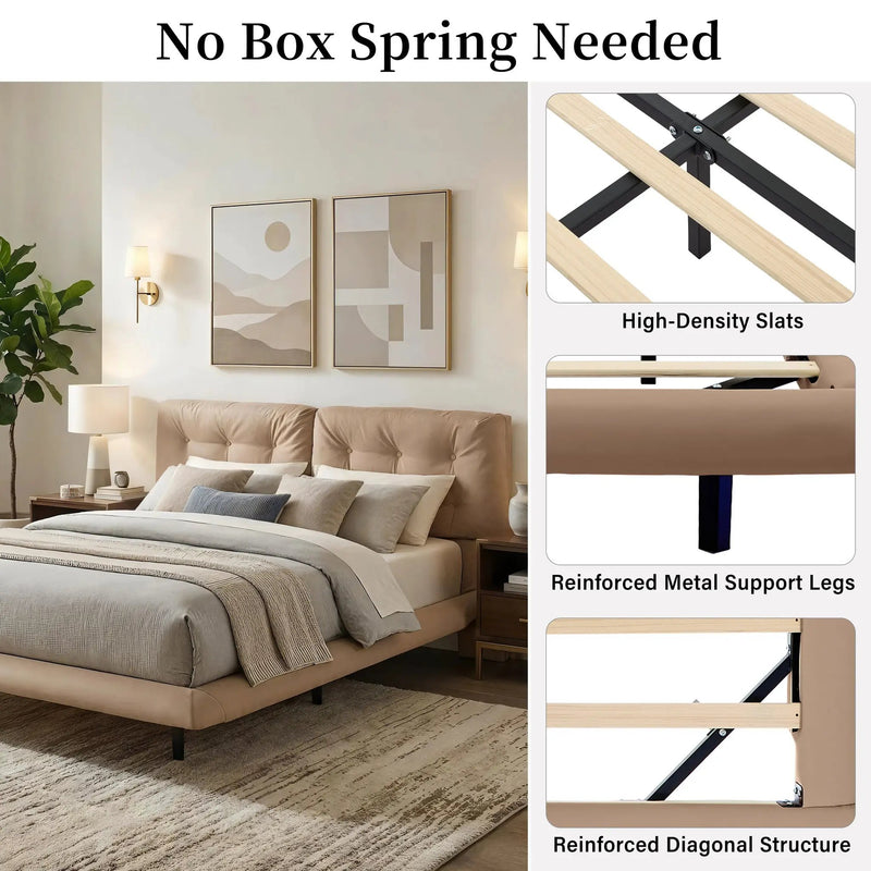 Queen Size Upholstered Floating Bed Frame with LED Lights, Khaki by HouseOfZazla