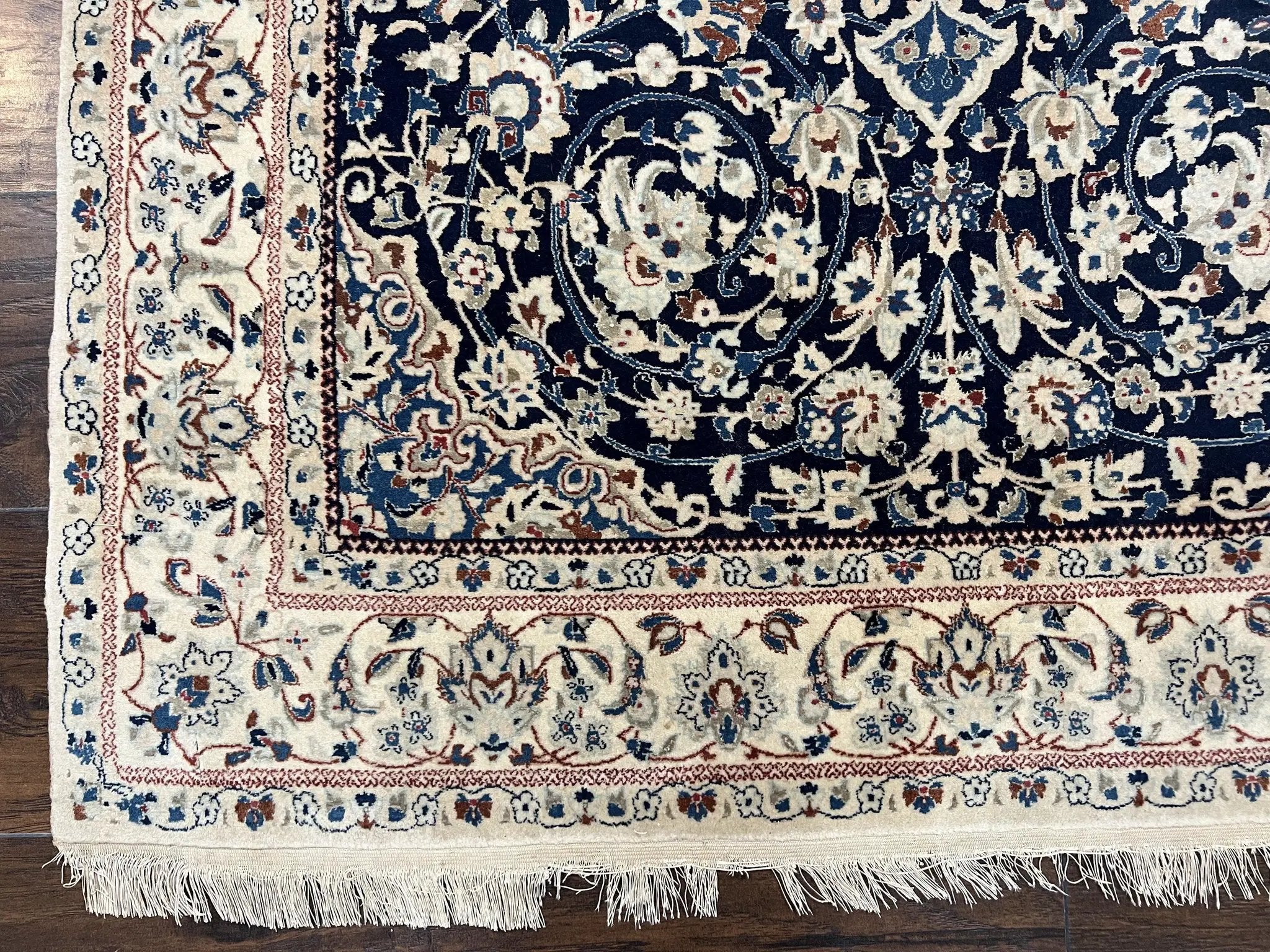Very Fine Persian Nain Rug 3.7 x 6, Floral Medallion, Wool and Silk Accents, Highly Detailed, Hand Knotted Oriental Carpet, Navy Blue Ivory/Cream by Jewel Rugs