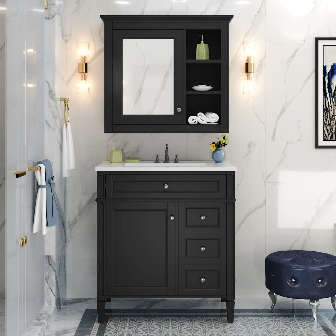 Bathroom Vanity With Top Sink, 2 Doors And 3 Drawers, Freestanding Set With Mirror Cabinet by Unique Piece Furniture