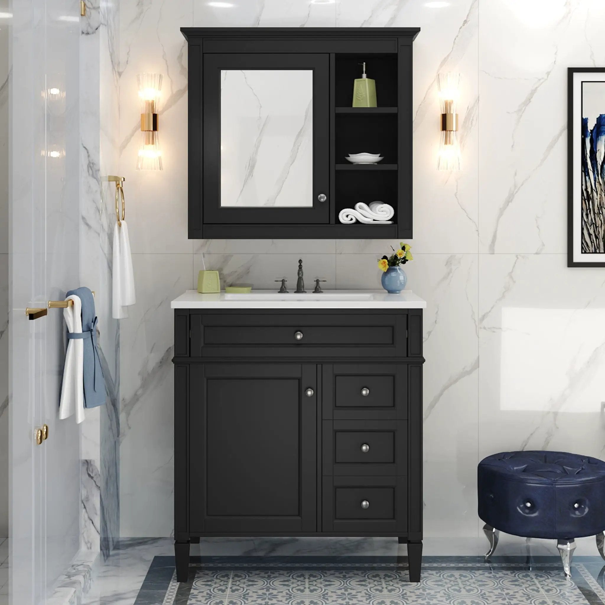 Bathroom Vanity With Top Sink, 2 Doors And 3 Drawers, Freestanding Set With Mirror Cabinet by Unique Piece Furniture