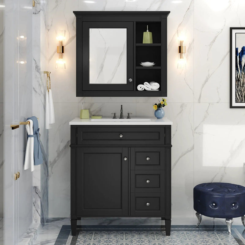 Bathroom Vanity With Top Sink, 2 Doors And 3 Drawers, Freestanding Set With Mirror Cabinet by Unique Piece Furniture