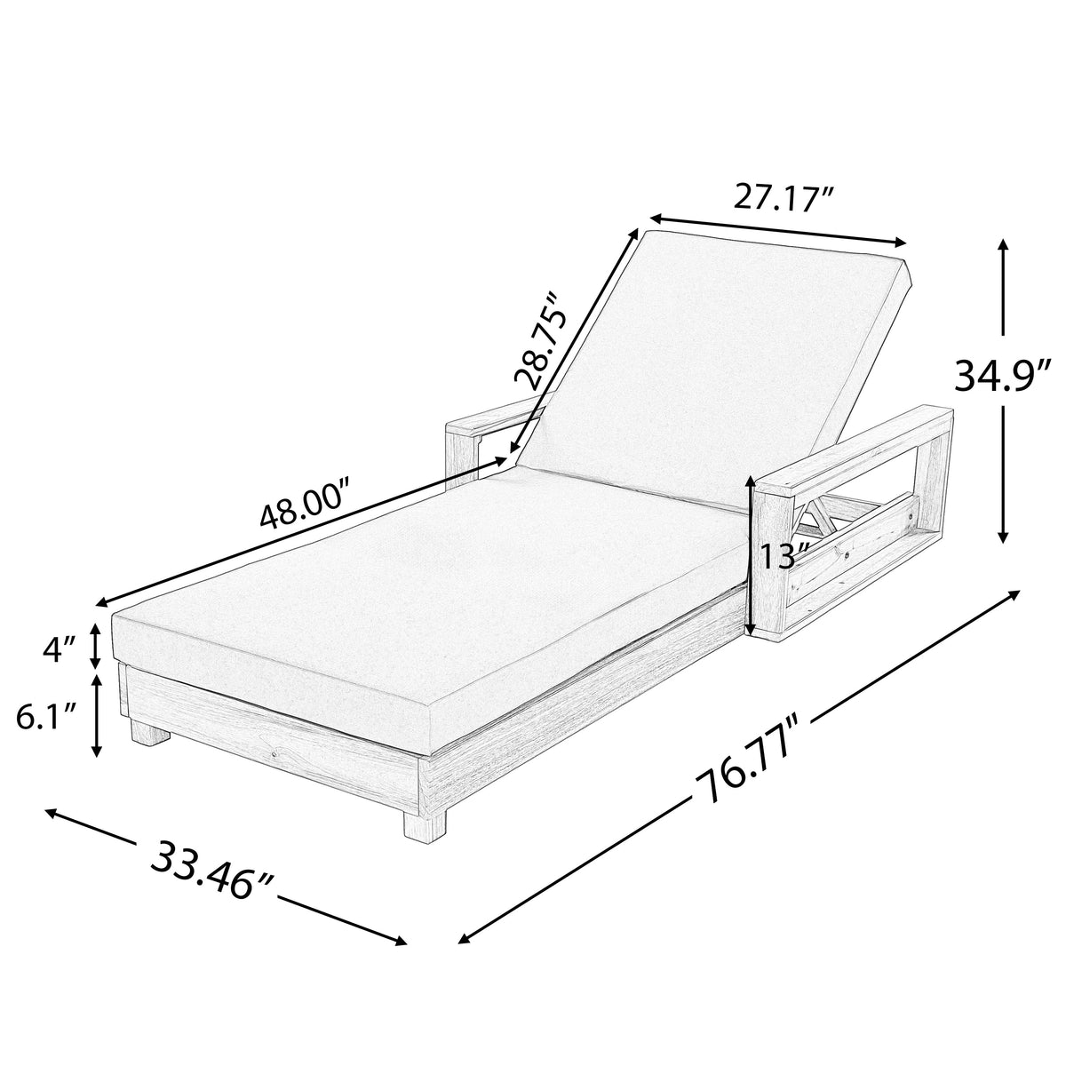 Acacia Wood Patio Chaise Lounge with Adjustable Backrest - Cream Cushion, photo 2 of 10