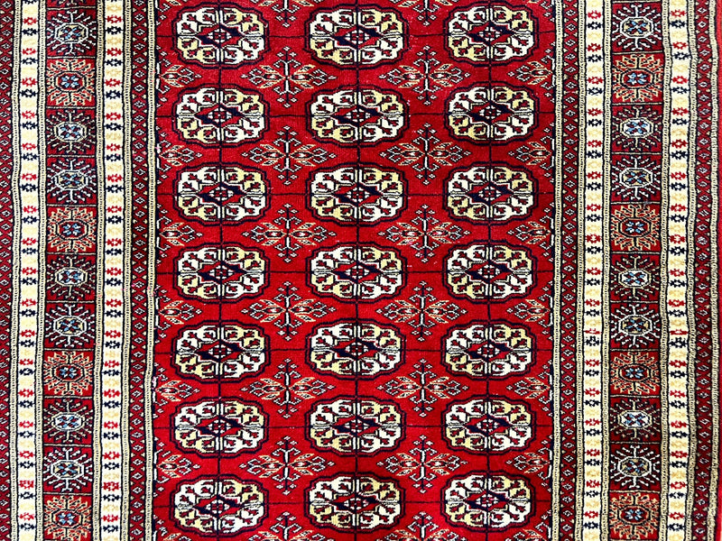 Pakistani Bokhara Rug 4x6, Red Turkoman Carpet, Finely Hand Knotted, Wool Vintage Rug by Jewel Rugs