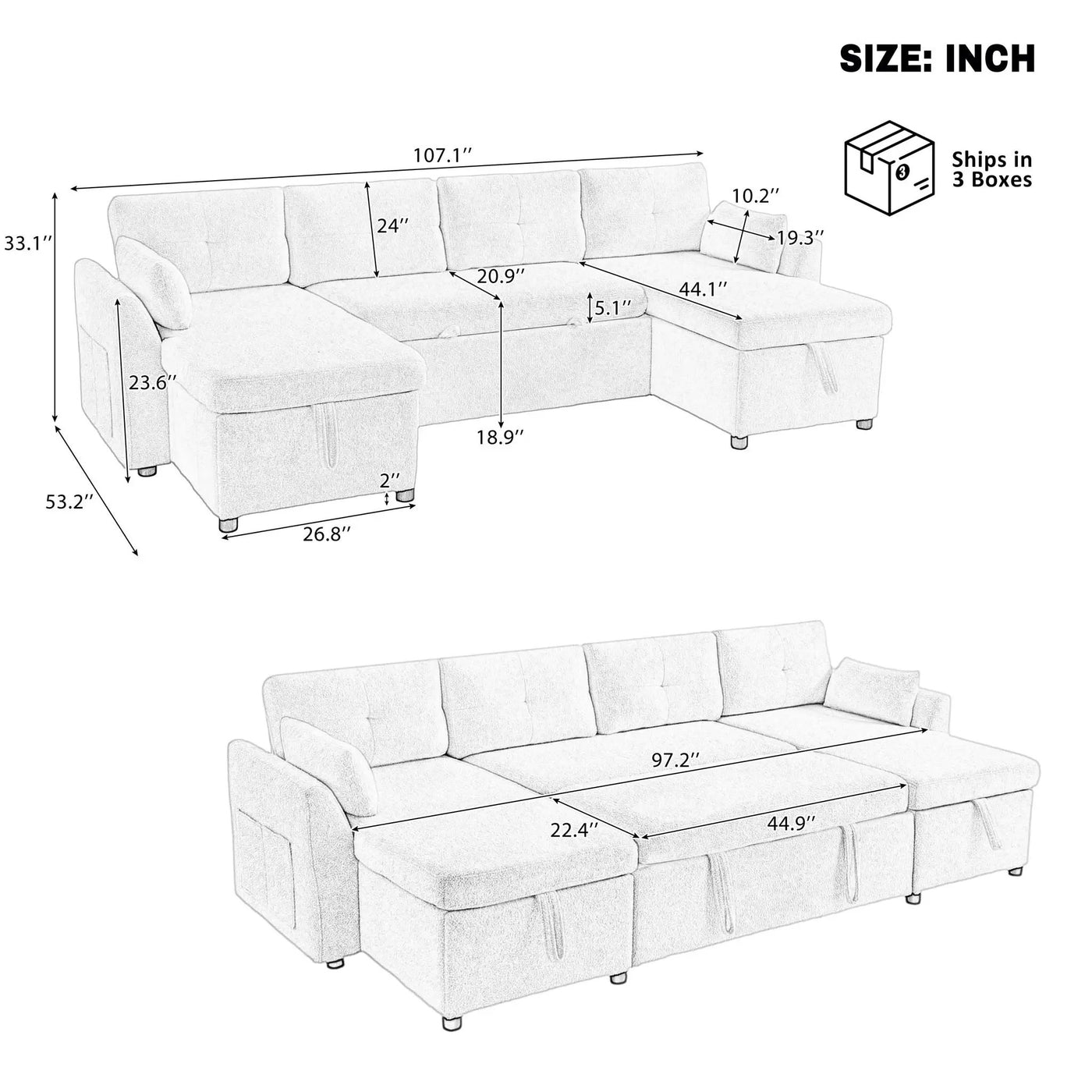U-Shaped Sectional Sofa Bed With Storage And USB Ports by HouseOfZazla