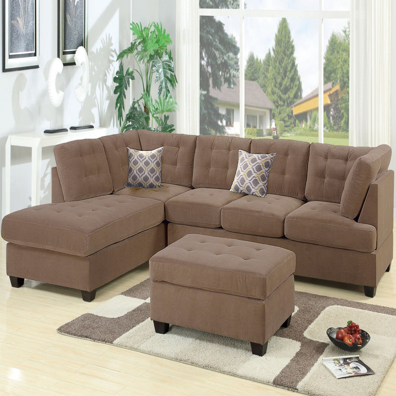 Truffle Waffle Suede Sectional Sofa With Tufted Cushions And Accent Pillows, Reversible Chaise - Neutral by HouseOfZazla