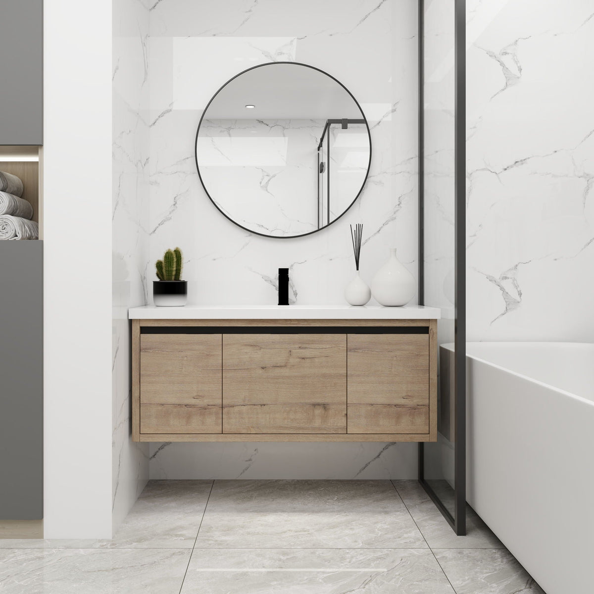 Floating Bathroom Vanity with Resin Sink and Soft-Close Doors - Wood, photo 8 of 8