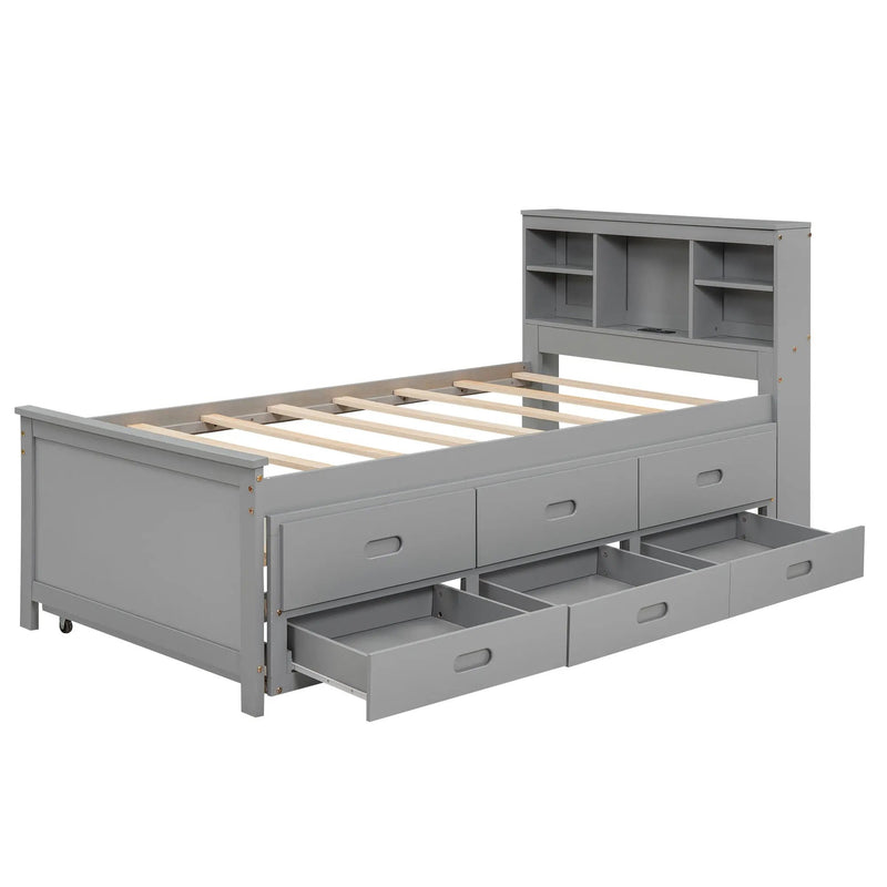 Platform Bed With Storage Headboard, USB, Trundle And 3 Drawers