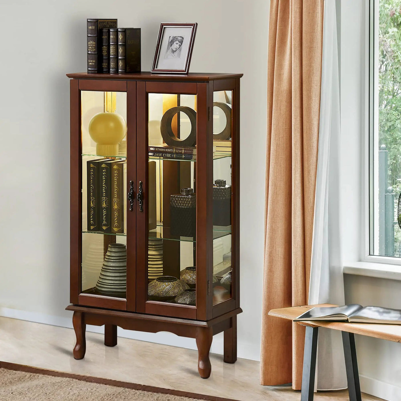 Curio Cabinet Lighted Curio Diapaly Cabinet With Adjustable Shelves And Mirrored Back Panel, Tempered Glass Doors (3 Tier), (E26 Light Bulb Not Included) by HouseOfZazla