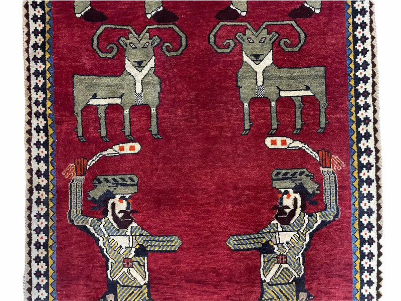 3 X 6 Handmade Wool Rug Tribal Balouch Warriors Deer Animal Pictorial Red Swords by Jewel Rugs