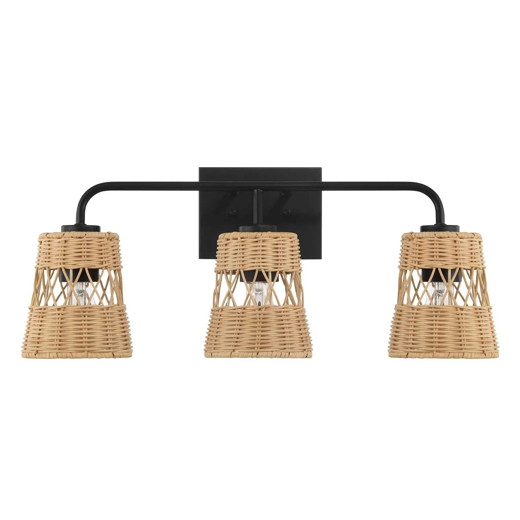Moonlit - 3 Lights Wall Sconce With Shade, Bathroom Lighting Fixtures Over Mirror - Black / Rattan by Unique Piece Furniture