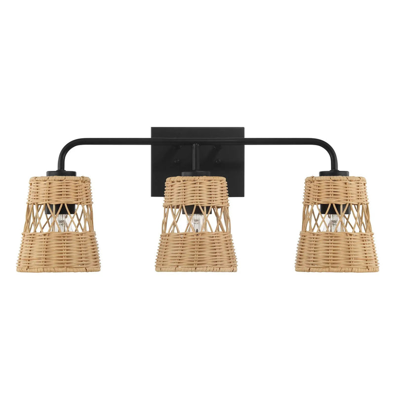 Moonlit - 3 Lights Wall Sconce With Shade, Bathroom Lighting Fixtures Over Mirror - Black / Rattan by Unique Piece Furniture
