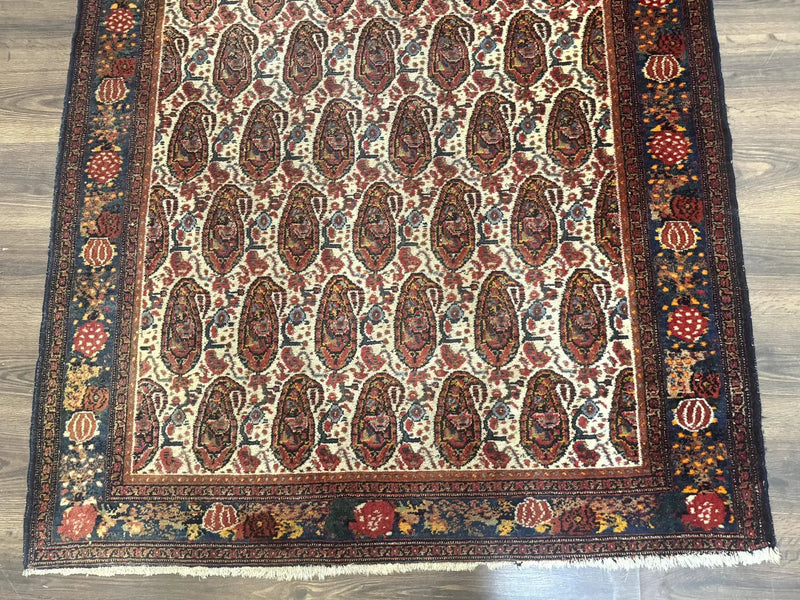 Antique Persian Kurdish Senneh Rug 4.6 x 6.5, Repeated Paisely Boteh Design, Handmade by Jewel Rugs