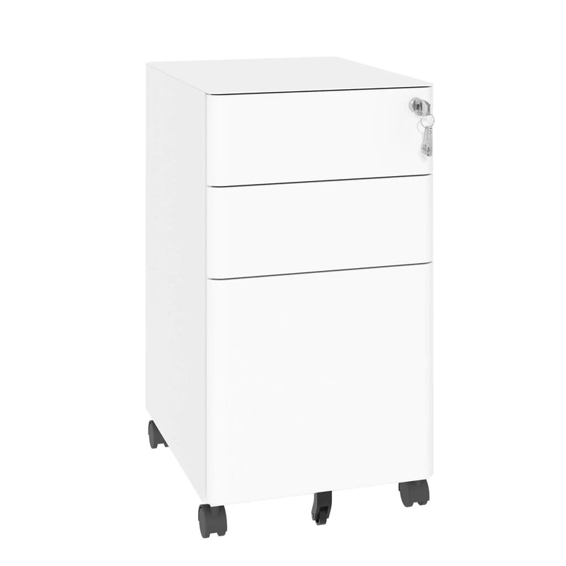 3-Drawer Mobile File Cabinet With Lock, On Wheels, Two Shallow & One Deep Drawer For Office/Home, Fully Assembled - White by Unique Piece Furniture