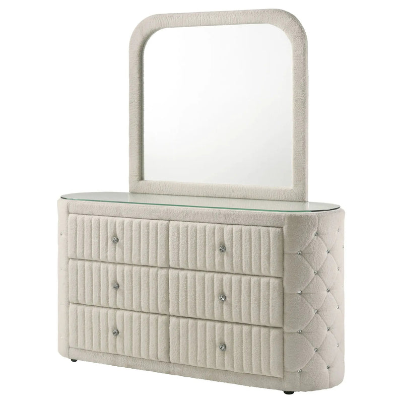 Sonya 6-drawer Upholstered Bedroom Dresser with Mirror Ivory by Unique Piece Furniture