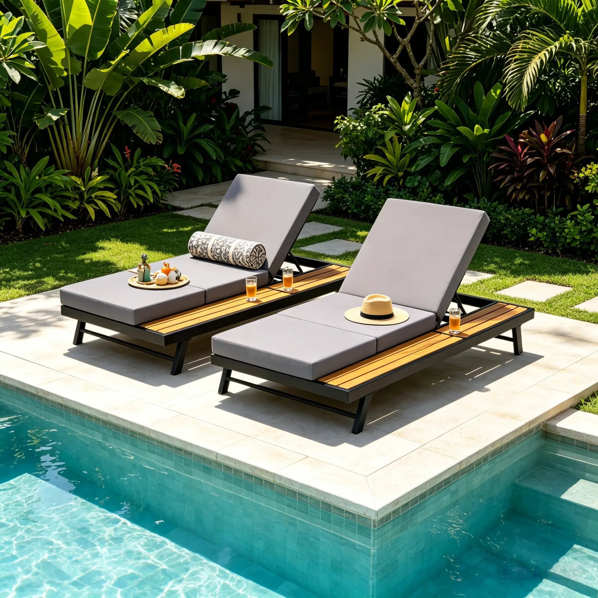 Black Iron + Teak Finish Chaise Lounge Set by HouseOfZazla