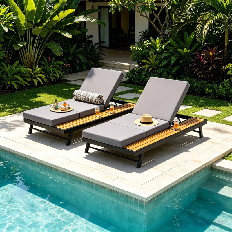 Black Iron + Teak Finish Chaise Lounge Set by HouseOfZazla