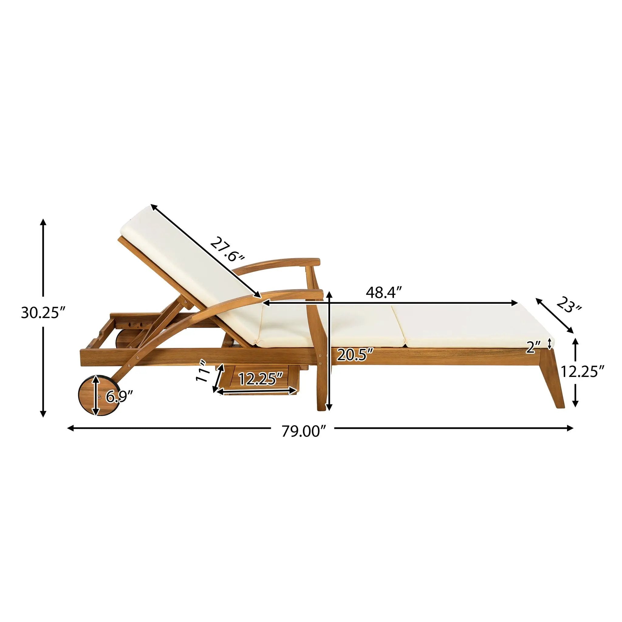Versatile Chaise Lounge With Wheels Acacia Wood Recliner For Patio - Cream by HouseOfZazla