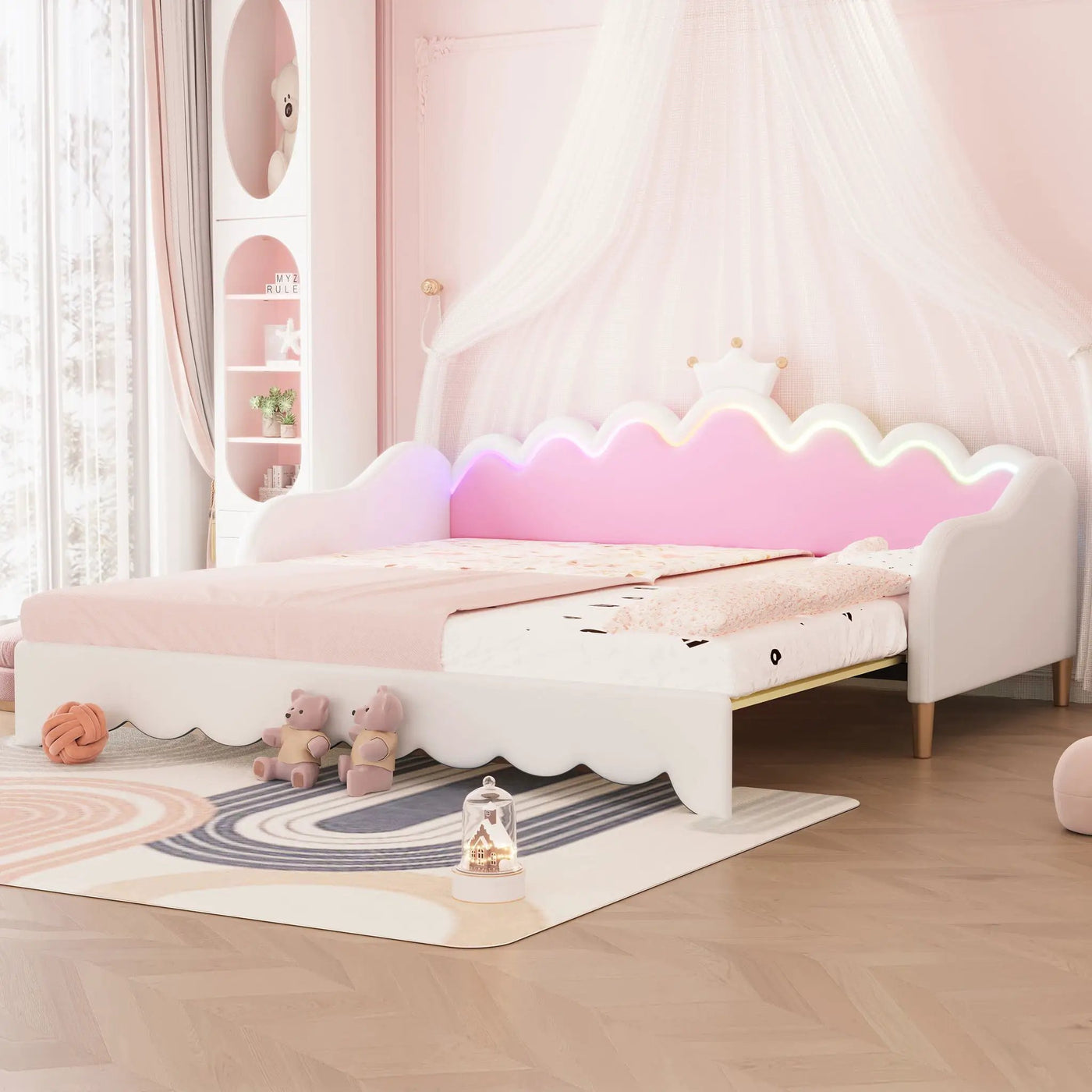 Extending Daybed With LED Lights, Modern Upholstered Princess Daybed With Crown Headboard by HouseOfZazla