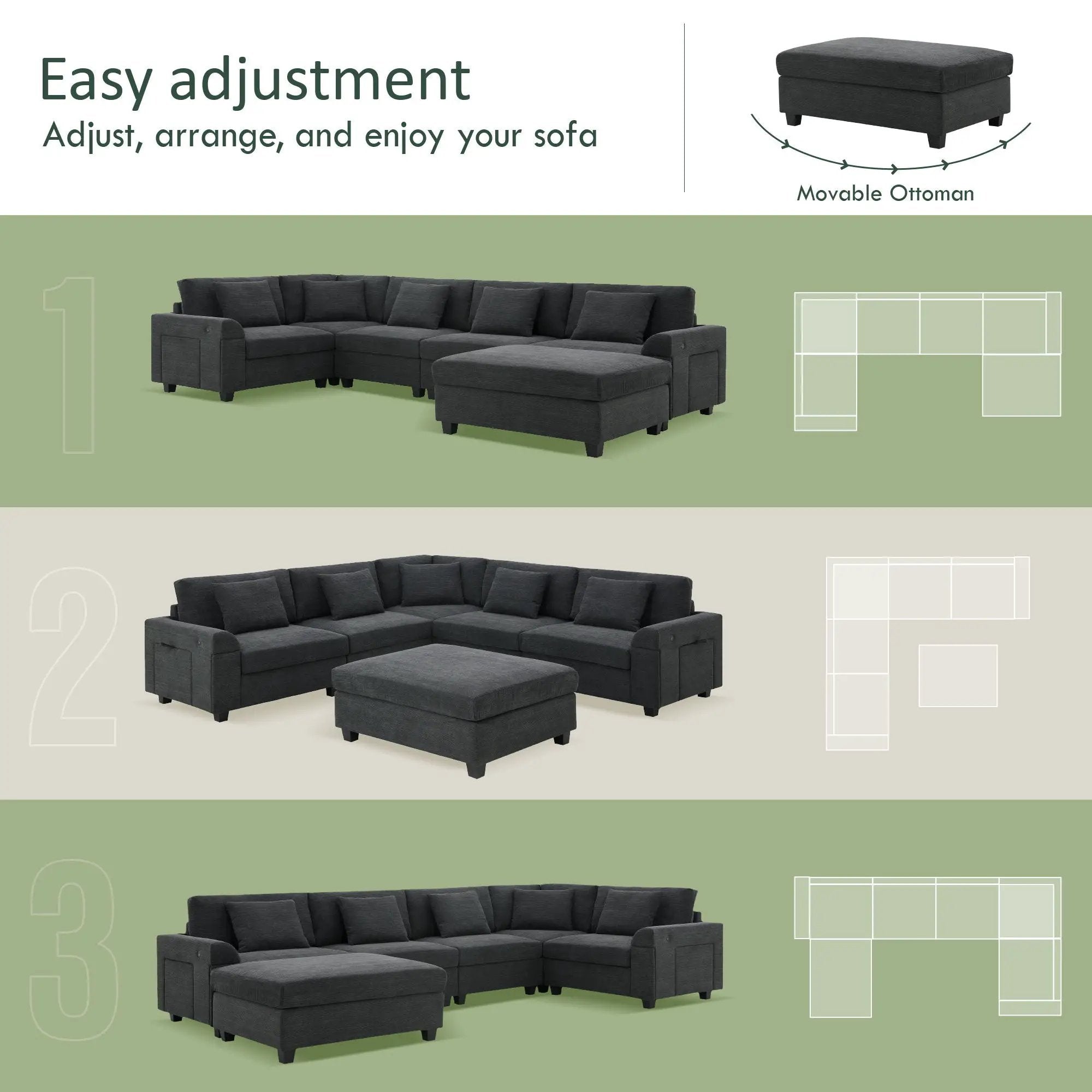 U Shaped Sectional Sofa 6 Seat Couch Set With Oversized Ottoman, Hidden Armrest Storage And Cup Holders USB Charging Ports Wide Seat Sofa by Unique Piece Furniture