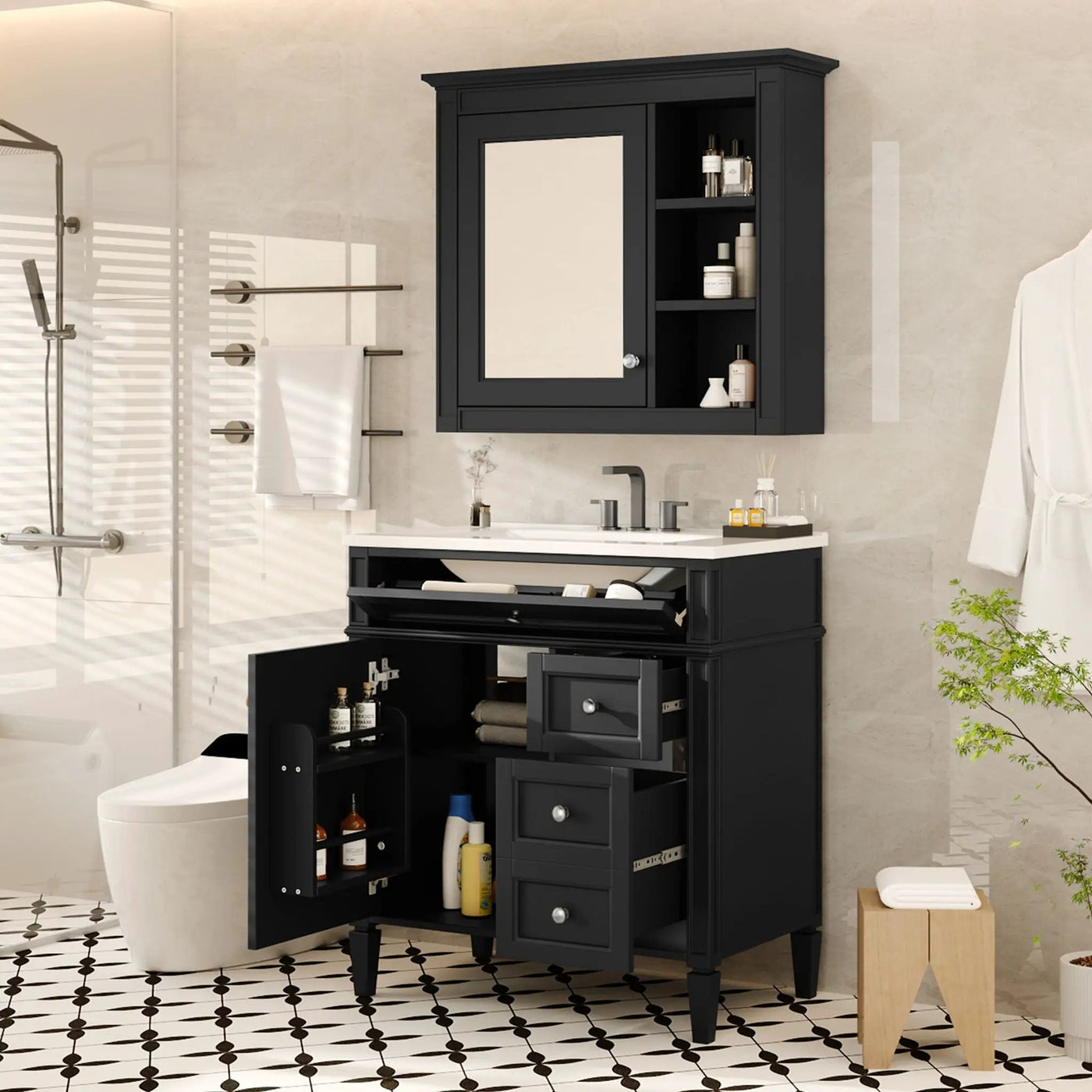 Bathroom Vanity With Top Sink, 2 Doors And 3 Drawers, Freestanding Set With Mirror Cabinet by HouseOfZazla