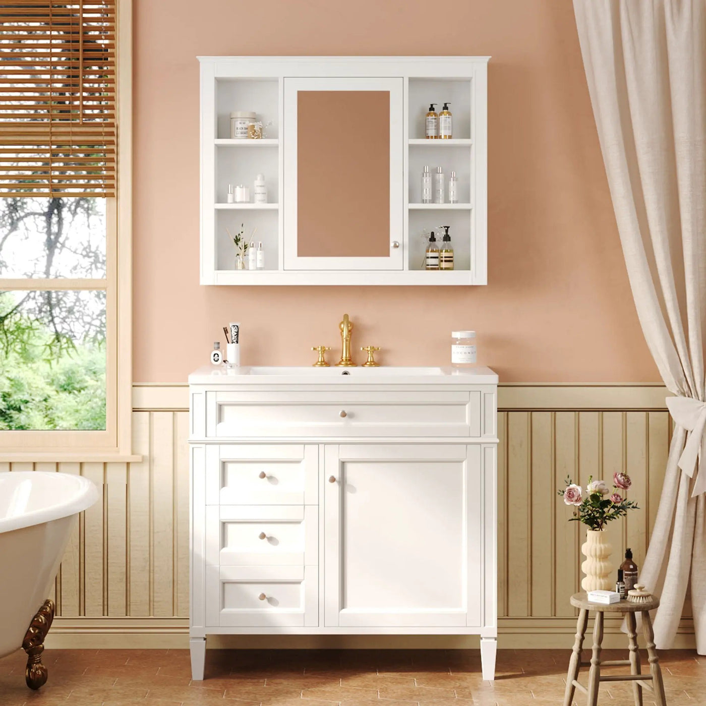 Bathroom Vanity With Mirror Cabinet, Single Sink With 2 Soft Closing Doors And 4 Drawers by HouseOfZazla