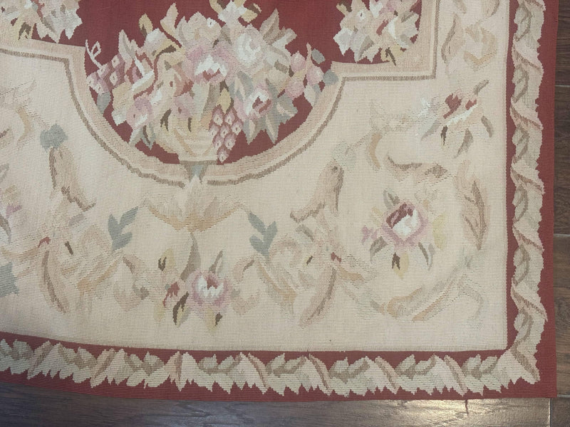 Aubusson Runner Rug 3x10, European Design, Red and Beige, Elegant, Handmade Wool Rug by Jewel Rugs