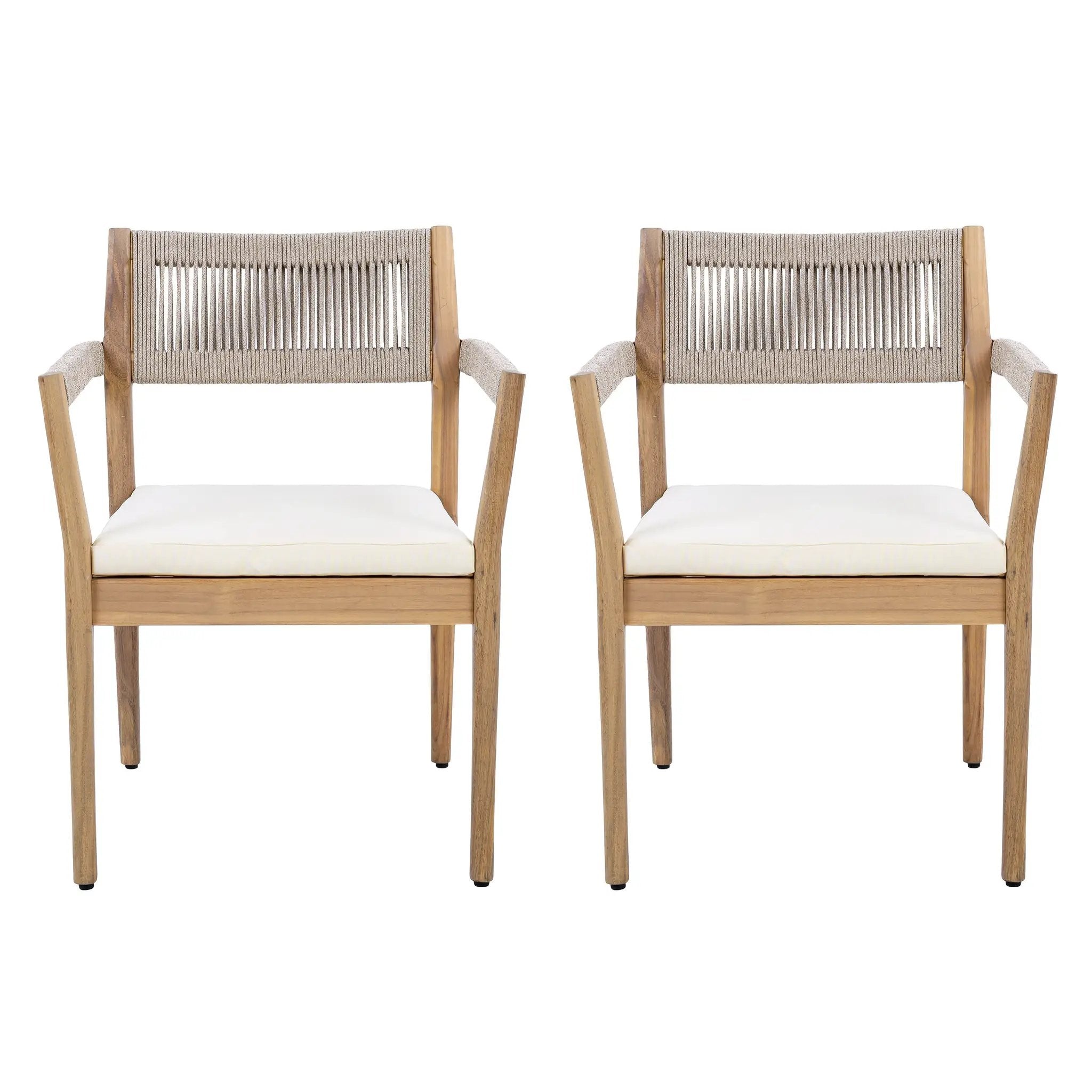 Braided Acacia Wood Outdoor Dining Chairs Set of 2 – Teak Look with Beige Rope & Cream Cushions by HouseOfZazla