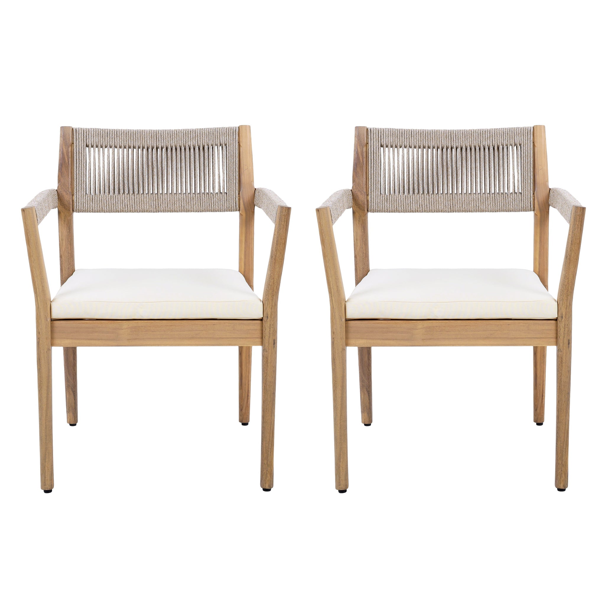 Braided Acacia Wood Outdoor Dining Chairs Set of 4 – Teak Look with Beige Rope & Cream Cushions by HouseOfZazla