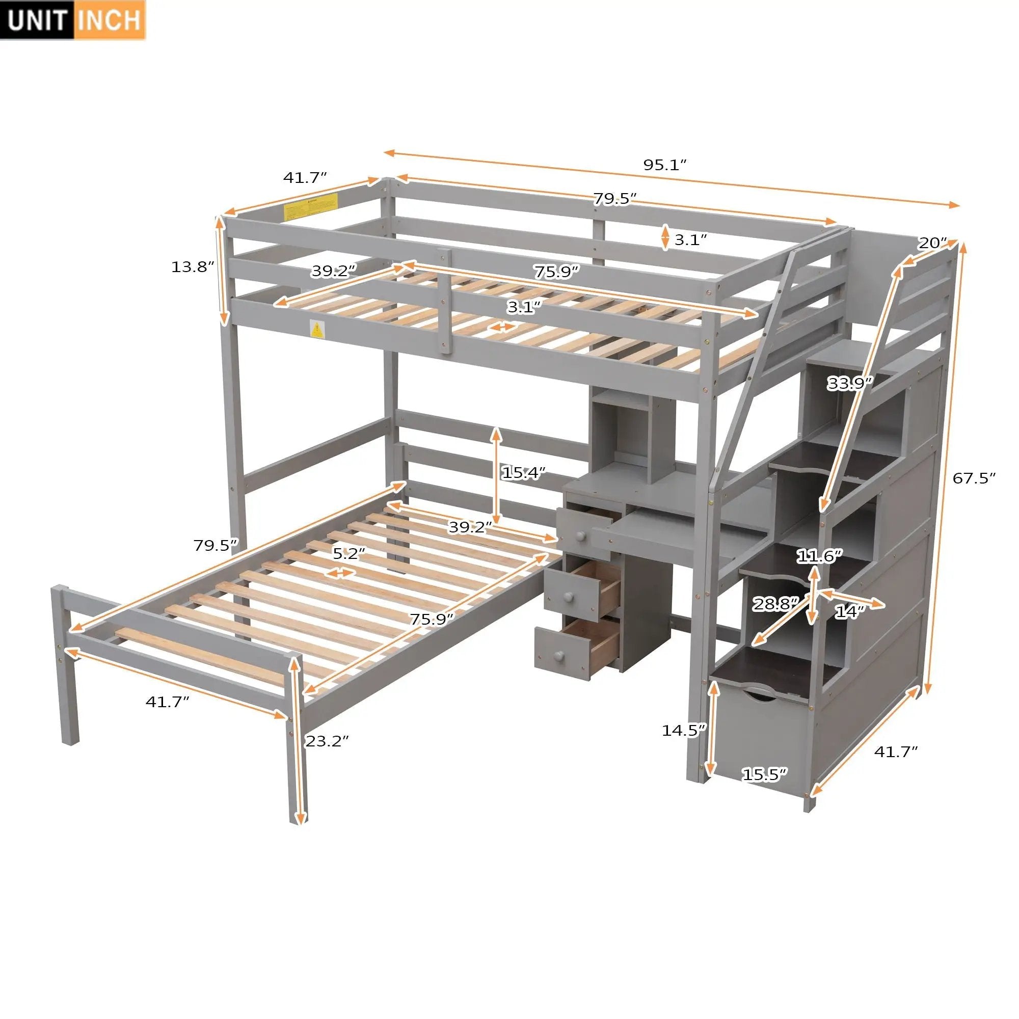 Loft Bed With Stand Alone Bed, Storage Staircase, Desk, Shelves, And Drawers by Unique Piece Furniture
