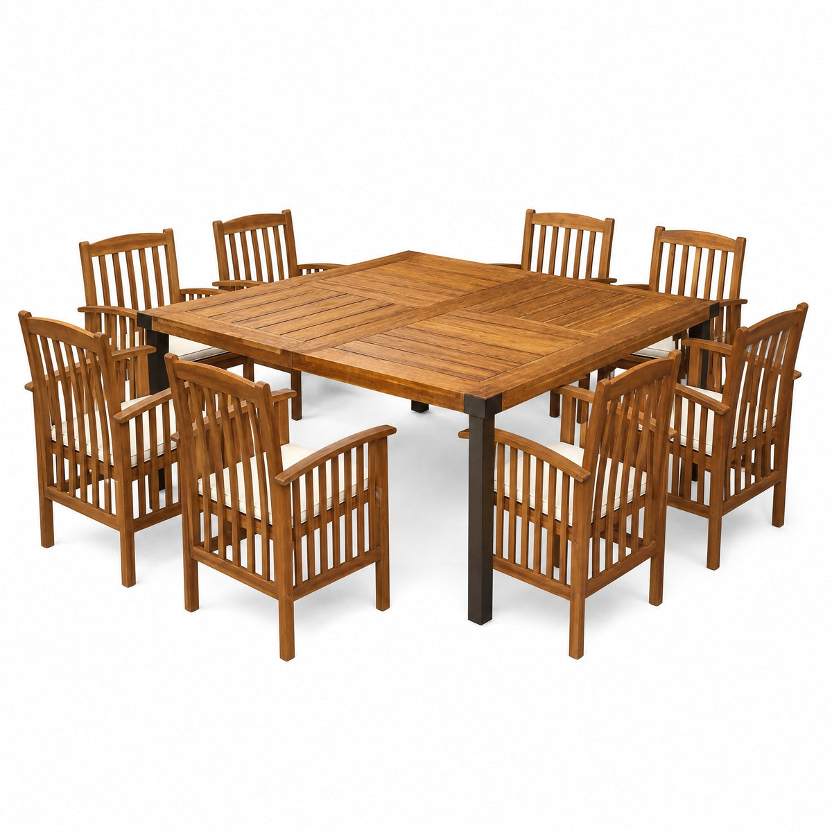 9‑Piece Acacia Wood Outdoor Patio Dining Set, 64" Square Teak Finish Wooden Table with 8 Pcs Acacia Wood Chairs, photo 3 of 10