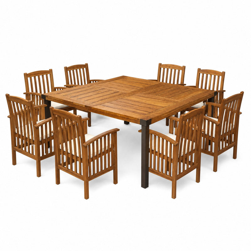 9‑Piece Acacia Wood Outdoor Patio Dining Set, 64" Square Teak Finish Wooden Table with 8 Pcs Acacia Wood Chairs, photo 3 of 10