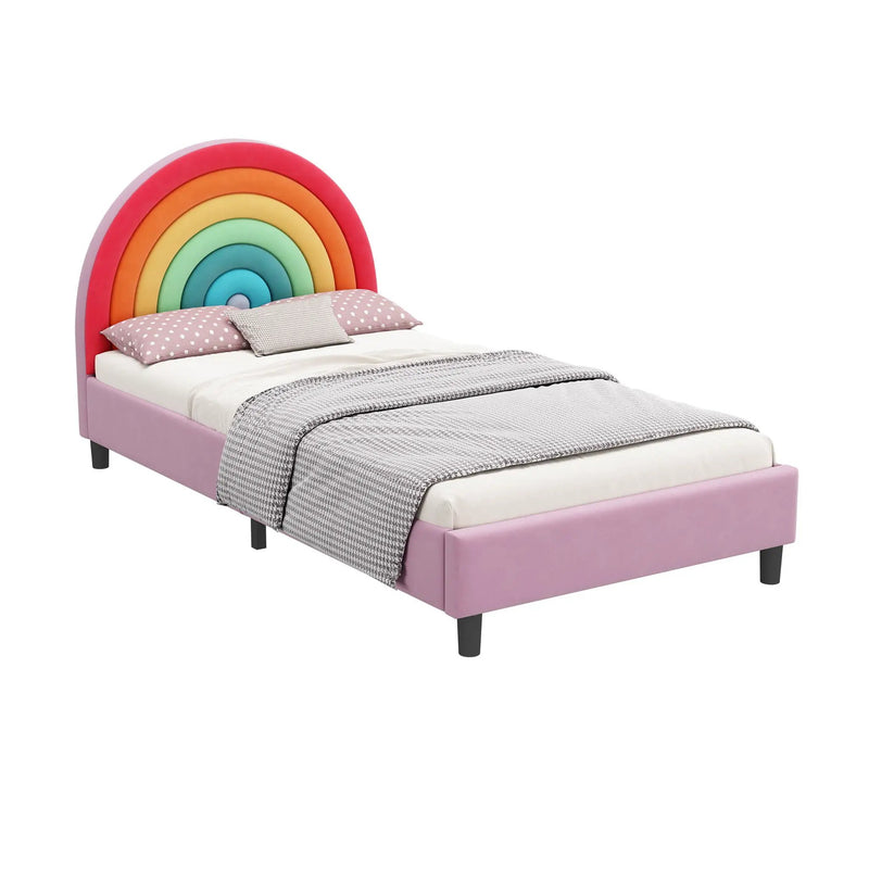Rainbow Design Upholstered Twin Platform Bed Cute Style Princess Bed For Boys & Girls, Teens - Colorful / Pink by HouseOfZazla