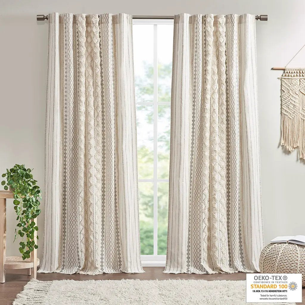Cotton Printed Curtain Panel with Chenille Stripe and Lining Ivory 50x95 by HouseOfZazla