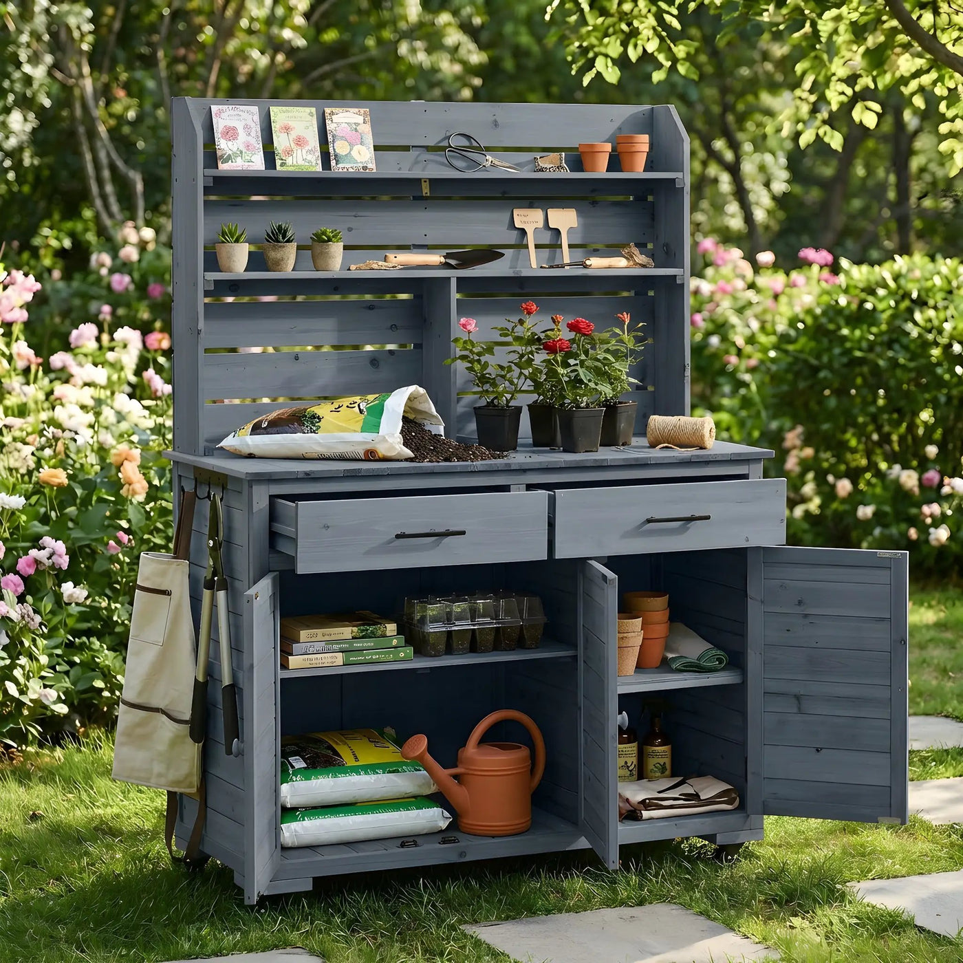 TOPMAX 65"H Large Garden Potting Bench with Storage and Lockable Wheels by HouseOfZazla