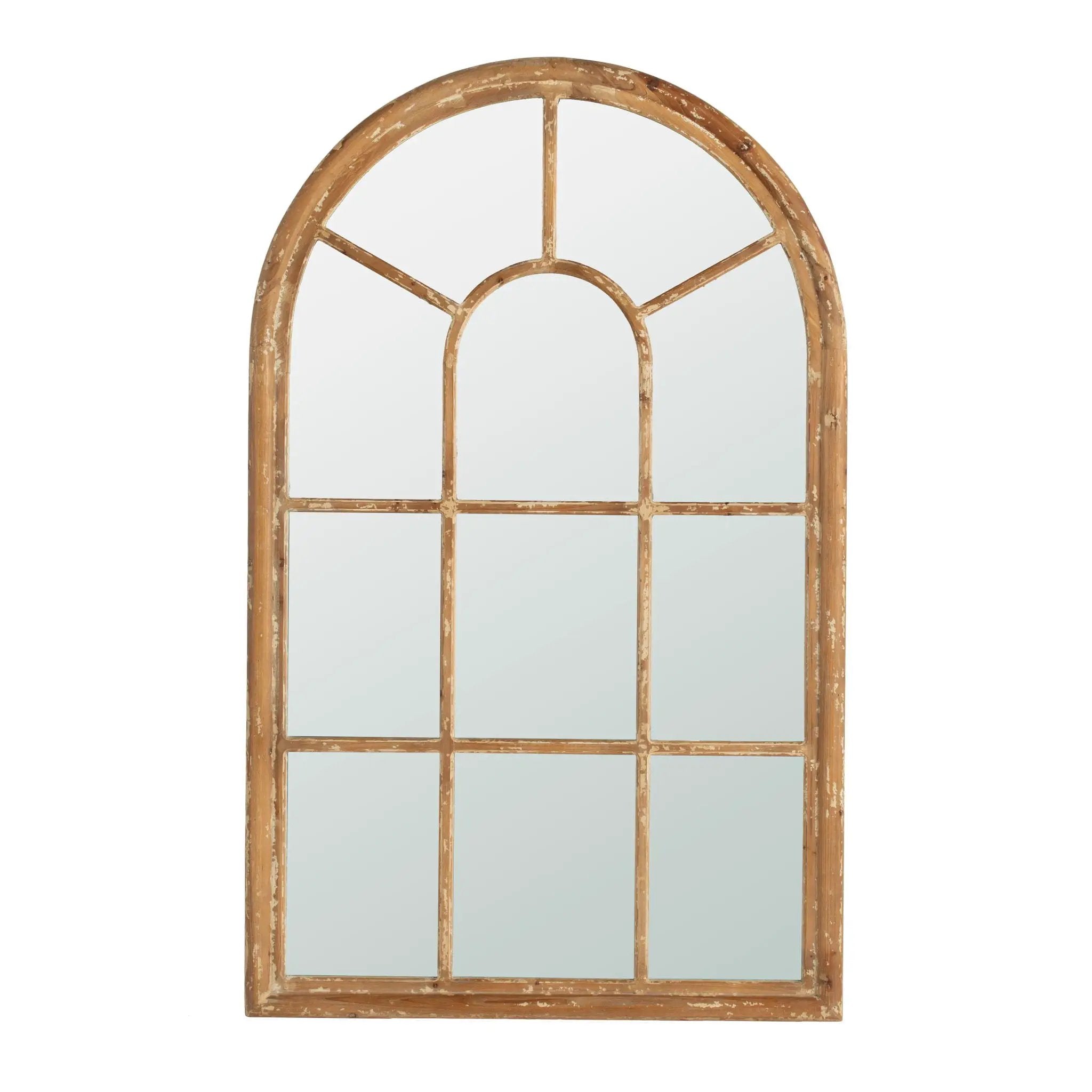 Large Arched Accent Mirror With Frame With Decorative Window Look Classic Architecture Style Solid Fir Wood Interior Decor - Brown by HouseOfZazla