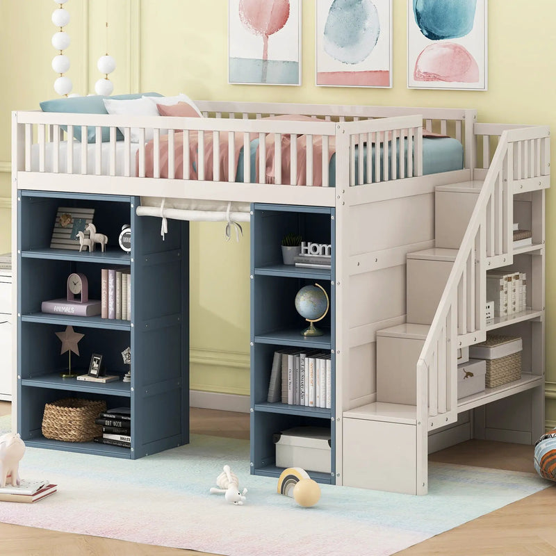 Full Size Loft Bed With 2 Four Layer Storage Cabinets And Curtain With Built In Staircase And Privacy Curtain - White by Unique Piece Furniture