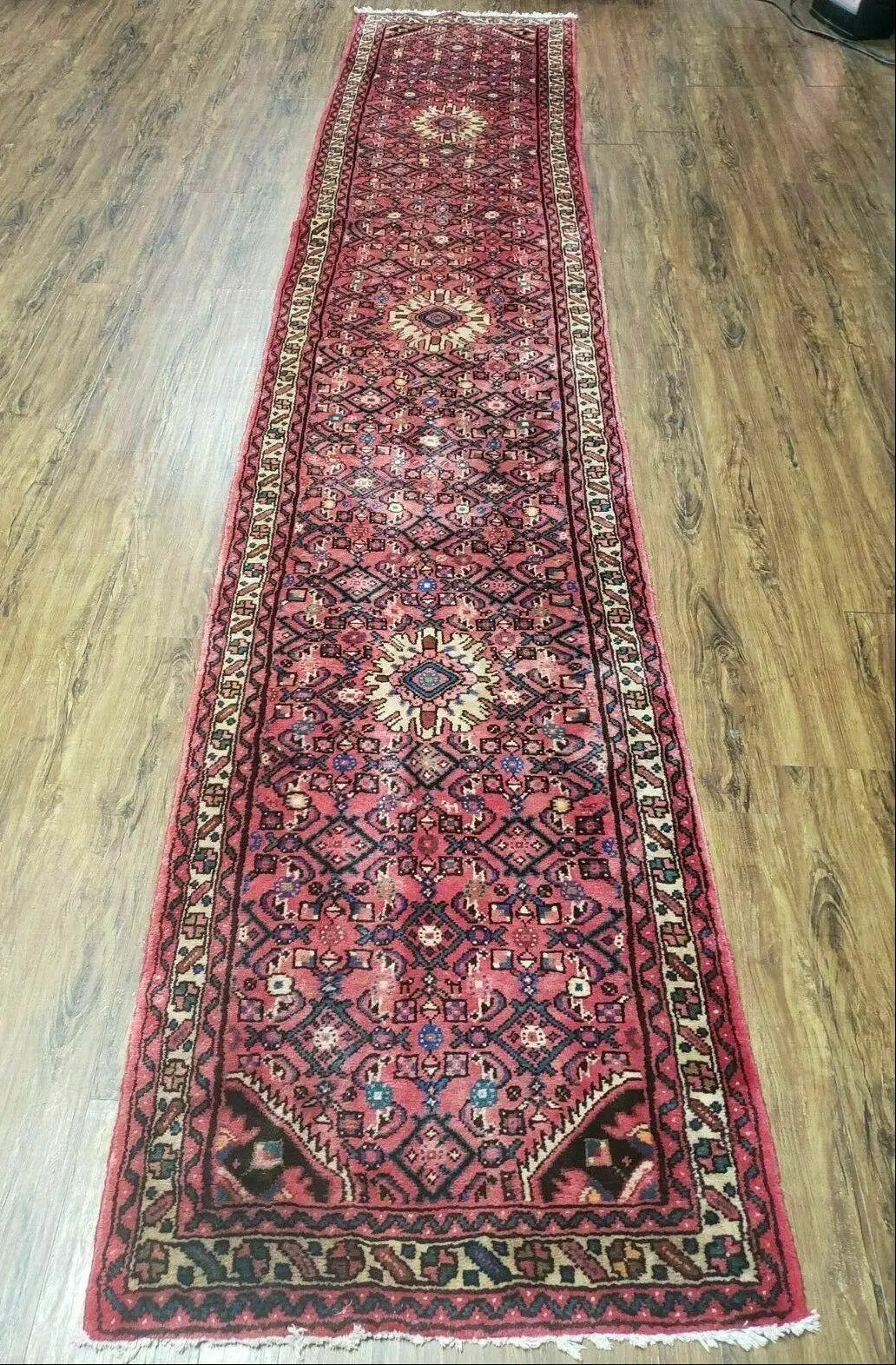 Persian Hamadan Runner Rug 2.8 x 14, Red, Vintage Handmade Wool Runner Rug by Jewel Rugs