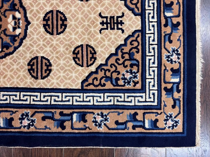 Chinese Peking Rug 3x5, Antique Chinese Art Deco Carpet, Blue Ivory Tan, Hand Knotted Wool Asian Oriental Rug 3 x 5 Vintage Small Peking Rug by Jewel Rugs