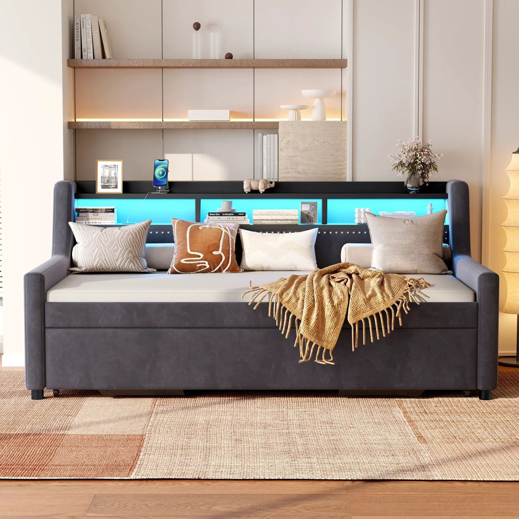 Twin Size Daybed With Trundle With LED Light ＆ Charging Station - Dark Gray by Unique Piece Furniture