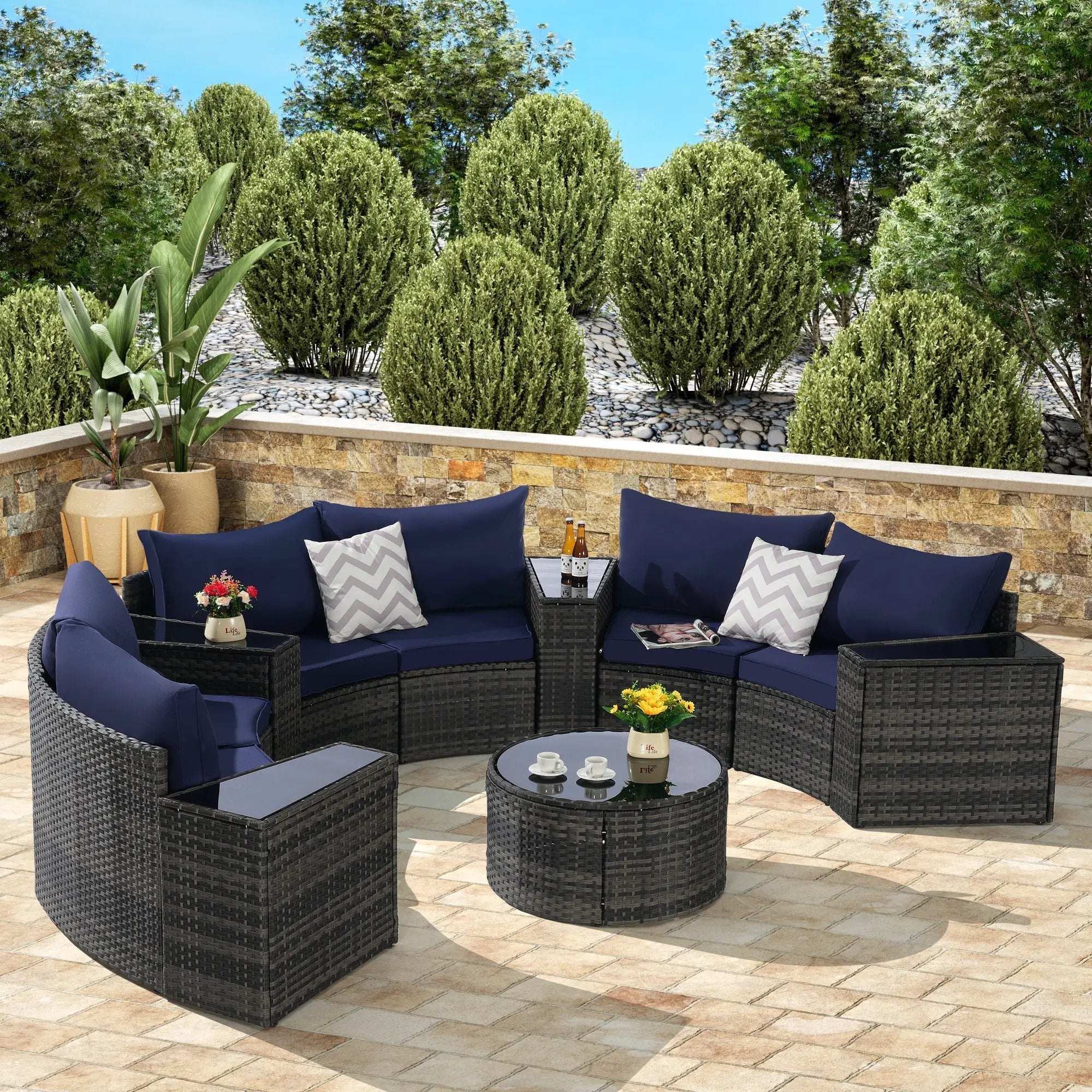 Outdoor Patio Furniture 11-Piece Half-Moon Sectional Round Patio Furniture Set by HouseOfZazla