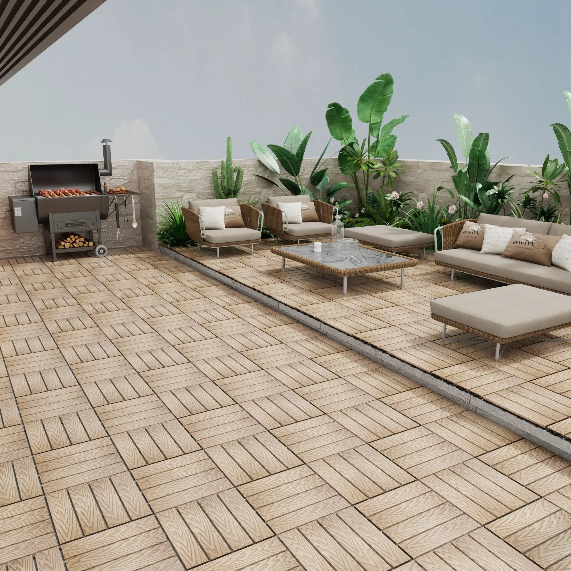 Patio Deck Tiles, Interlocking Diy Flooring For Indoor / Outdoor Use (Set of 22) - Teak by HouseOfZazla