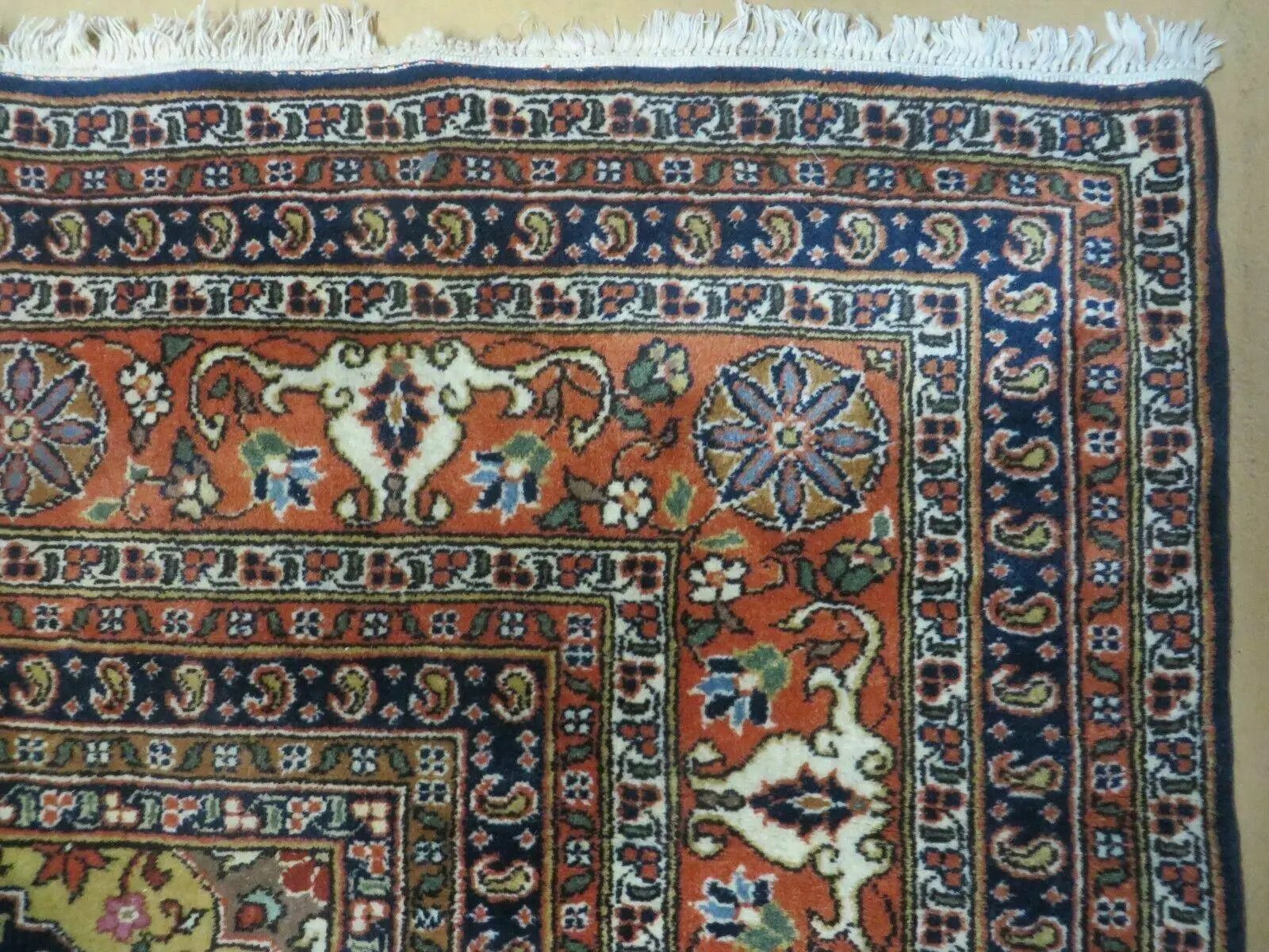 Indo Persian Rug 9x12, Semi Open Field Medallion, Ivory Tomato Red Navy Blue, Hand Knotted Indian Oriental Wool Carpet 9 x 12 ft, Room Sized by Jewel Rugs