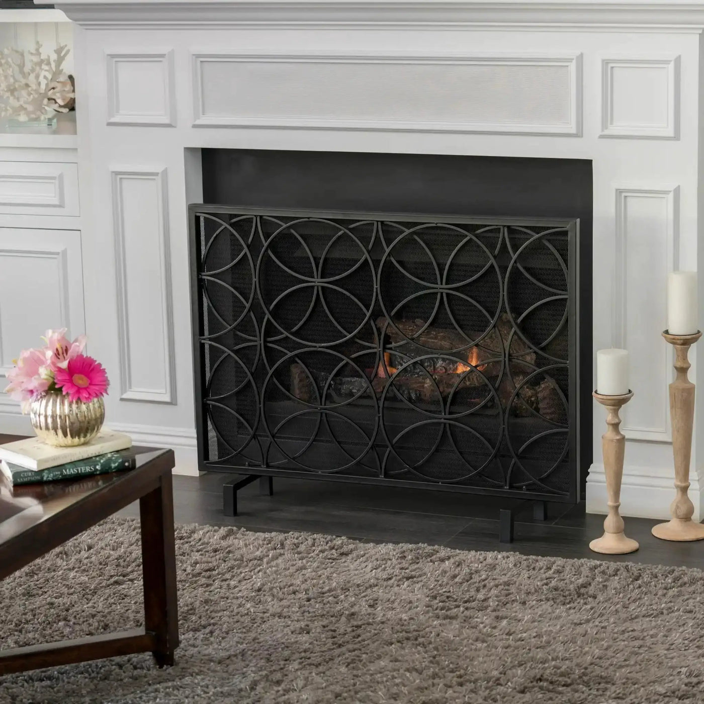 Thayer Single Panel Iron Fireplace Screen with Geometric Design by HouseOfZazla