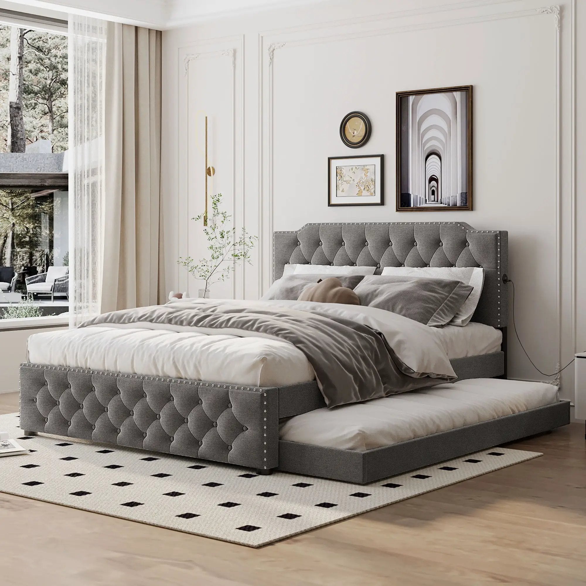 Upholstered Platform Bed With Trundle And 2 Sets Of USB Ports On Each Side, Fabric by HouseOfZazla