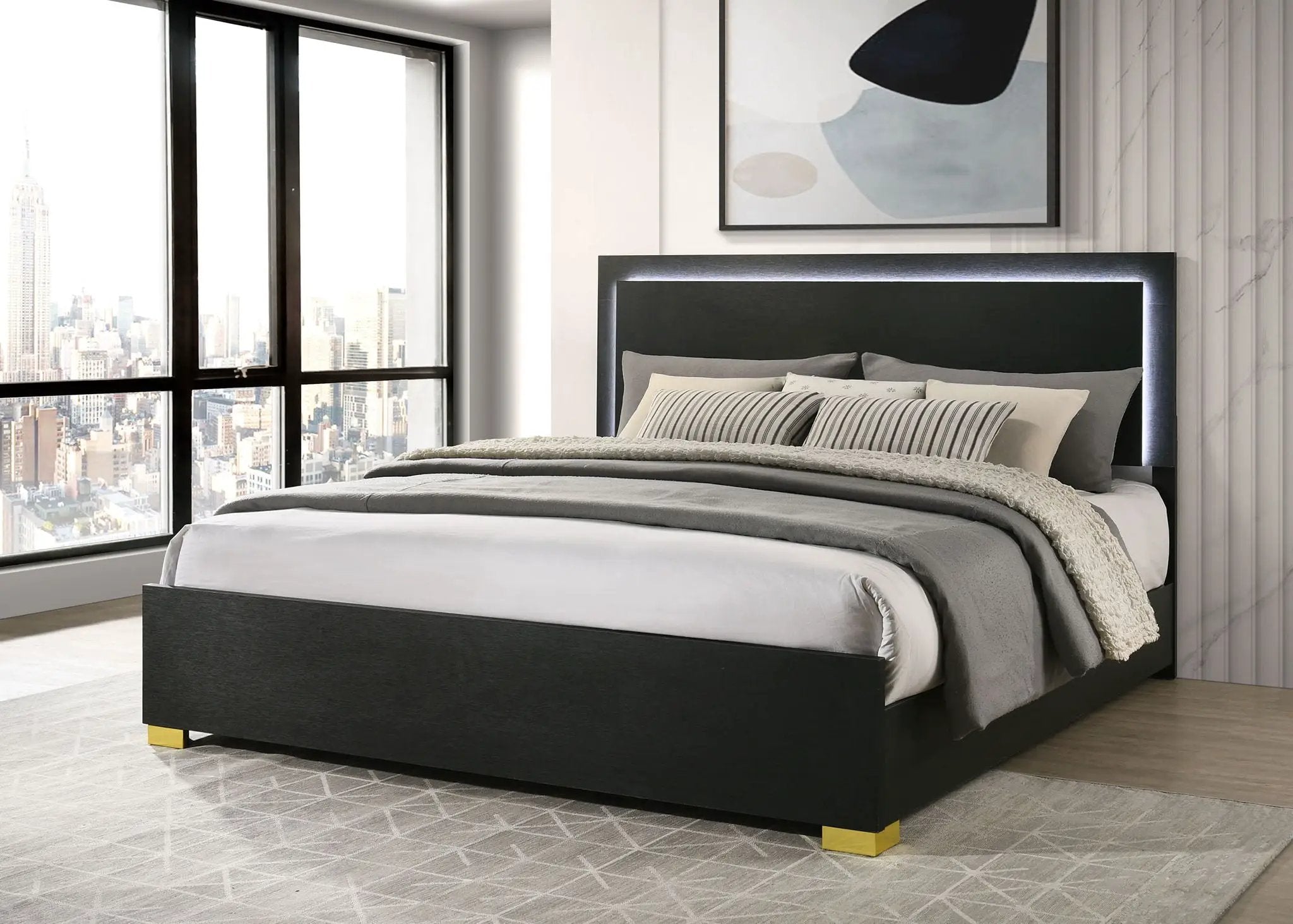 Marceline Wood Eastern King LED Panel Bed Black by Unique Piece Furniture