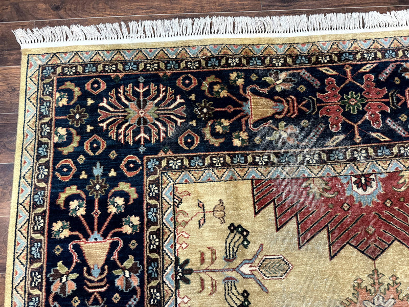 Indo Persian Heriz Rug 8x12, Camel Hair Tan and Navy Blue, Decorative by Jewel Rugs
