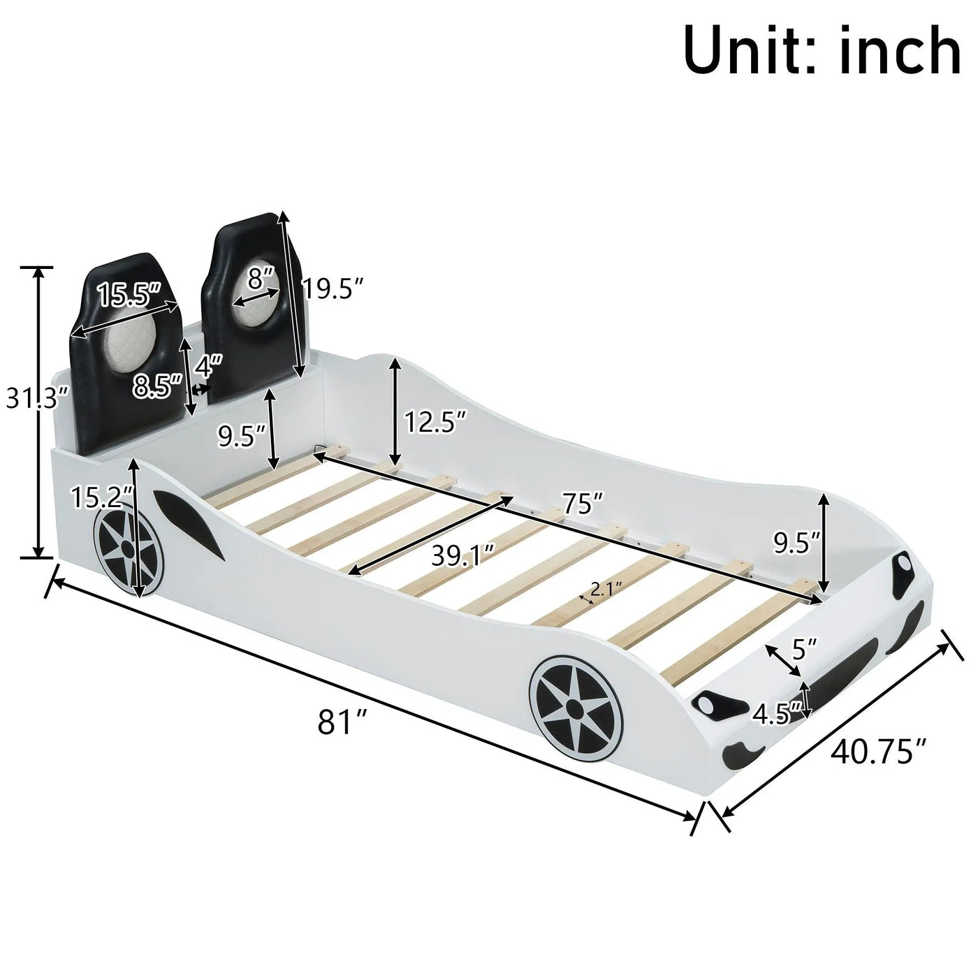 Race Car Shaped Platform Bed With LED And Upholstered Backrest In by HouseOfZazla
