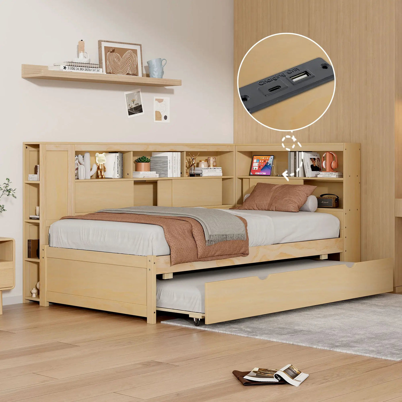 Daybed With Storage Shelves, USB Charging, And Trundle Bed by HouseOfZazla